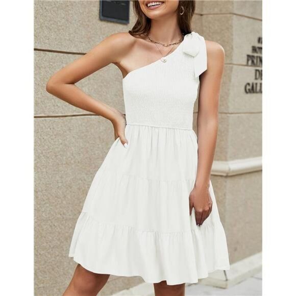 Summer Boho One Shoulder Smocked Tiered Ruffle A-line Mini Dress - Picture 4 of 6